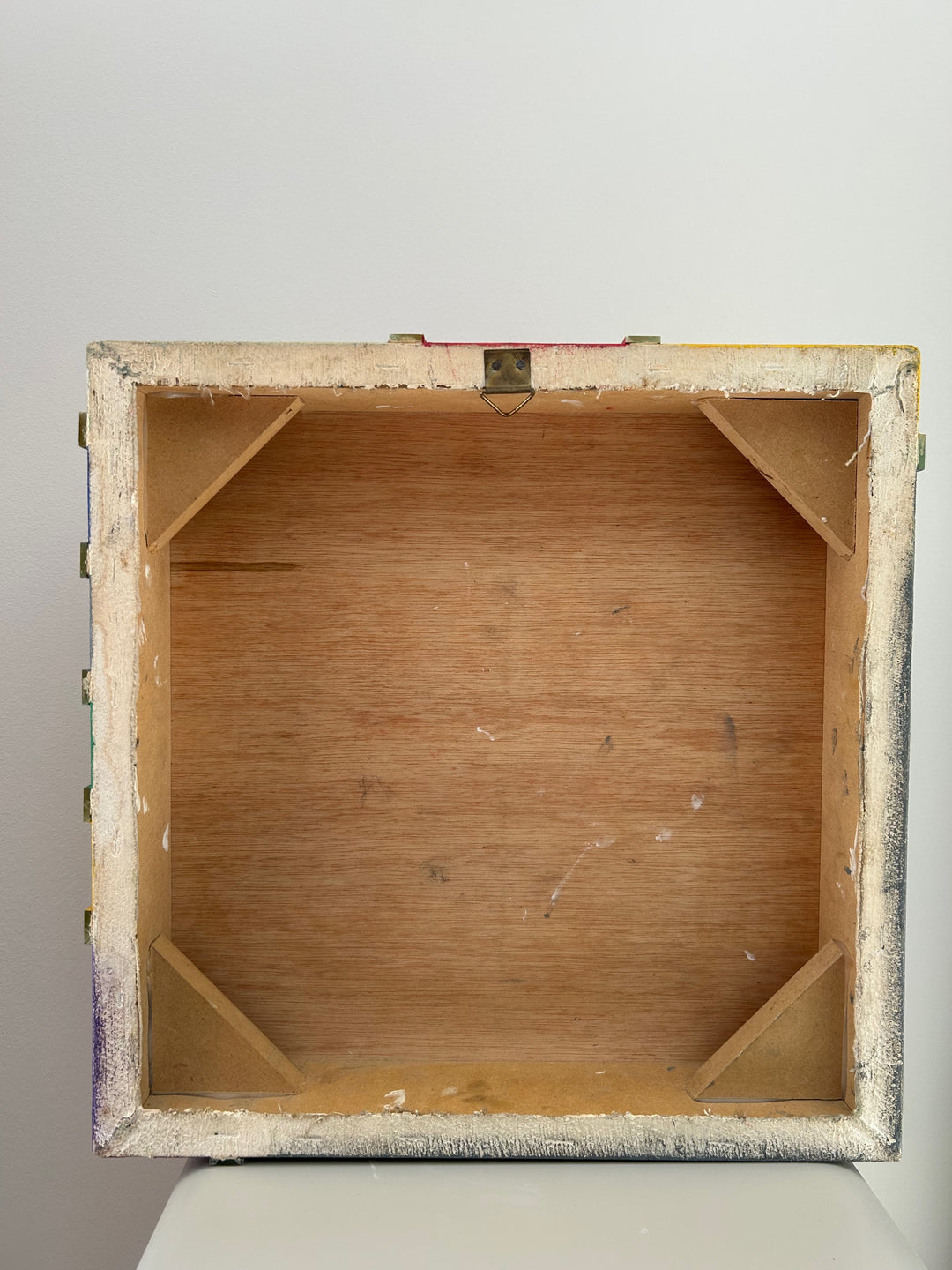 Geometrisch Ritme in Kleur – Vintage Houten Kunstwerk met Spiegelaccenten (36x36 cm)