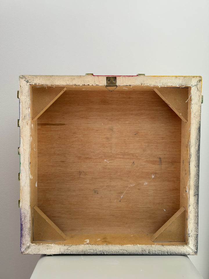 Geometrisch Ritme in Kleur – Vintage Houten Kunstwerk met Spiegelaccenten (36x36 cm)