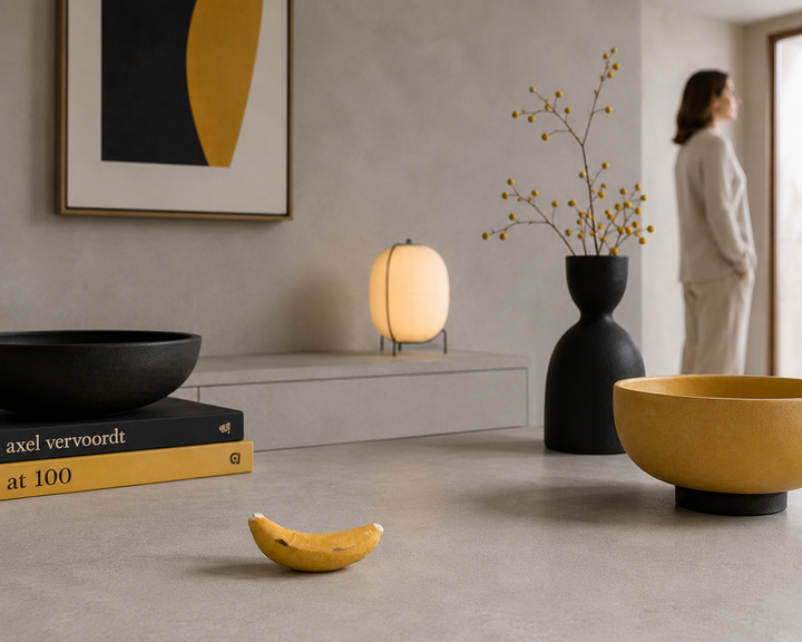 Decoratieve banaan in steen – speels natuurstenen object / 13 x 4 x 4 cm
