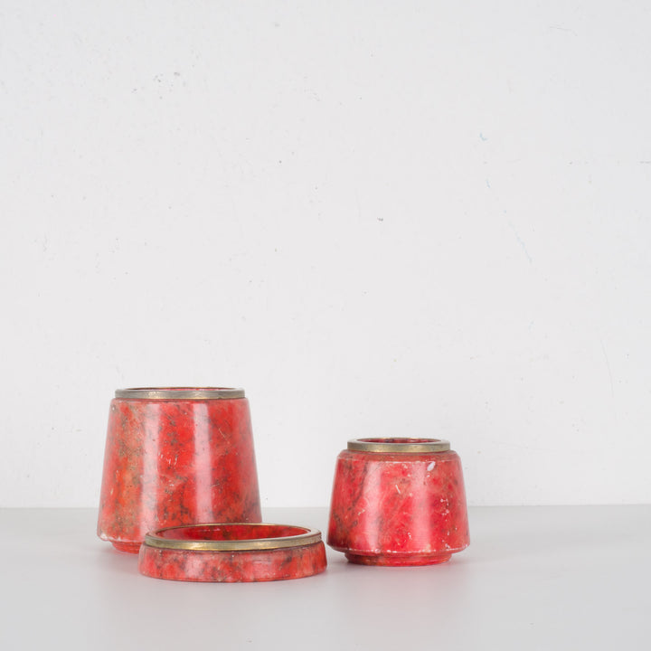 Beautiful Conical 3-Piece Red Alabaster Set with Brass Dividers