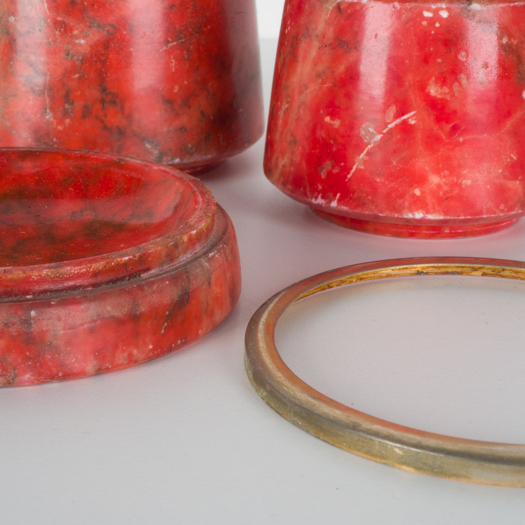 Beautiful Conical 3-Piece Red Alabaster Set with Brass Dividers