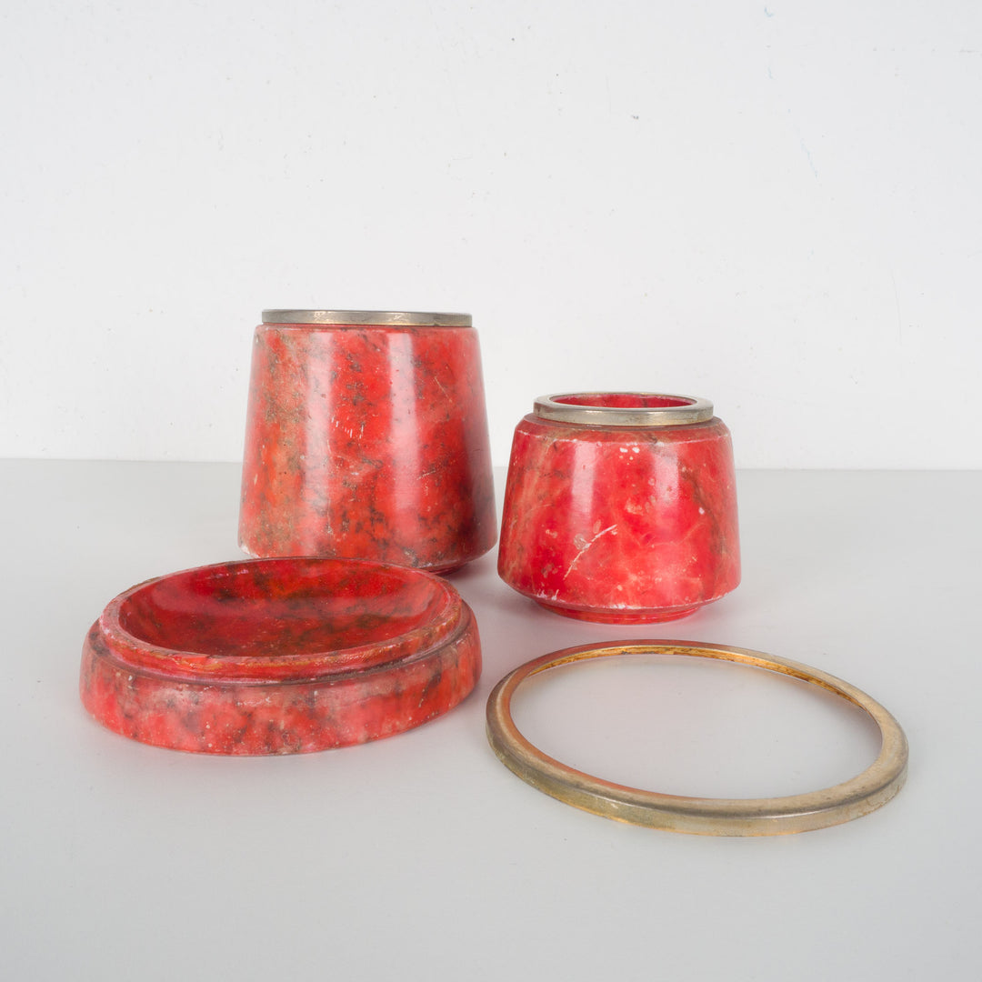 Beautiful Conical 3-Piece Red Alabaster Set with Brass Dividers