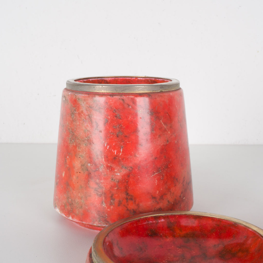 Beautiful Conical 3-Piece Red Alabaster Set with Brass Dividers