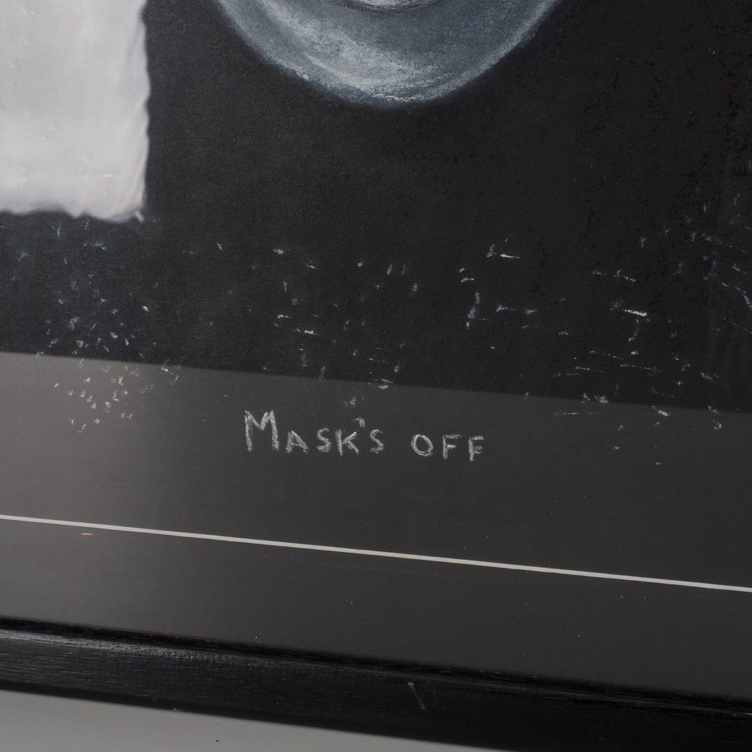 "Mask's Off" – Black and white chalk drawing by Sue (1998)