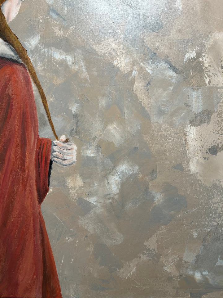 Schilderij Atelier S – 120 × 120 × 4 cm | Hedendaagse figuratieve kunst met abstracte achtergrond