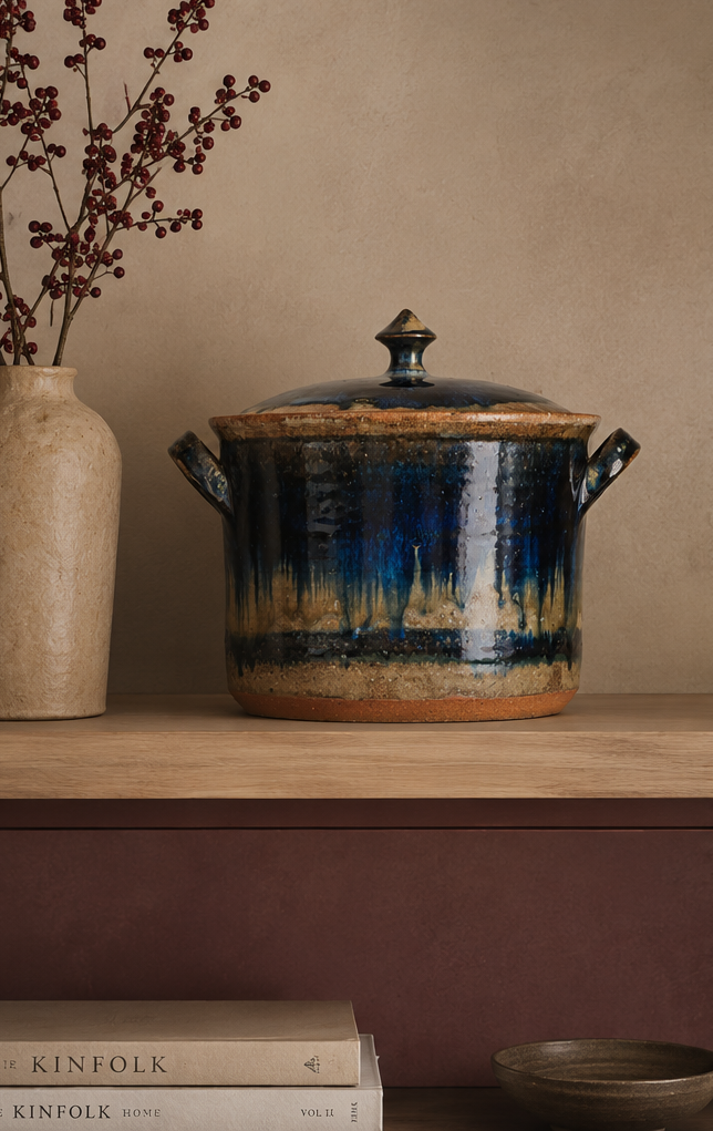 Antique earthenware stoneware pot – Blue glaze with ears