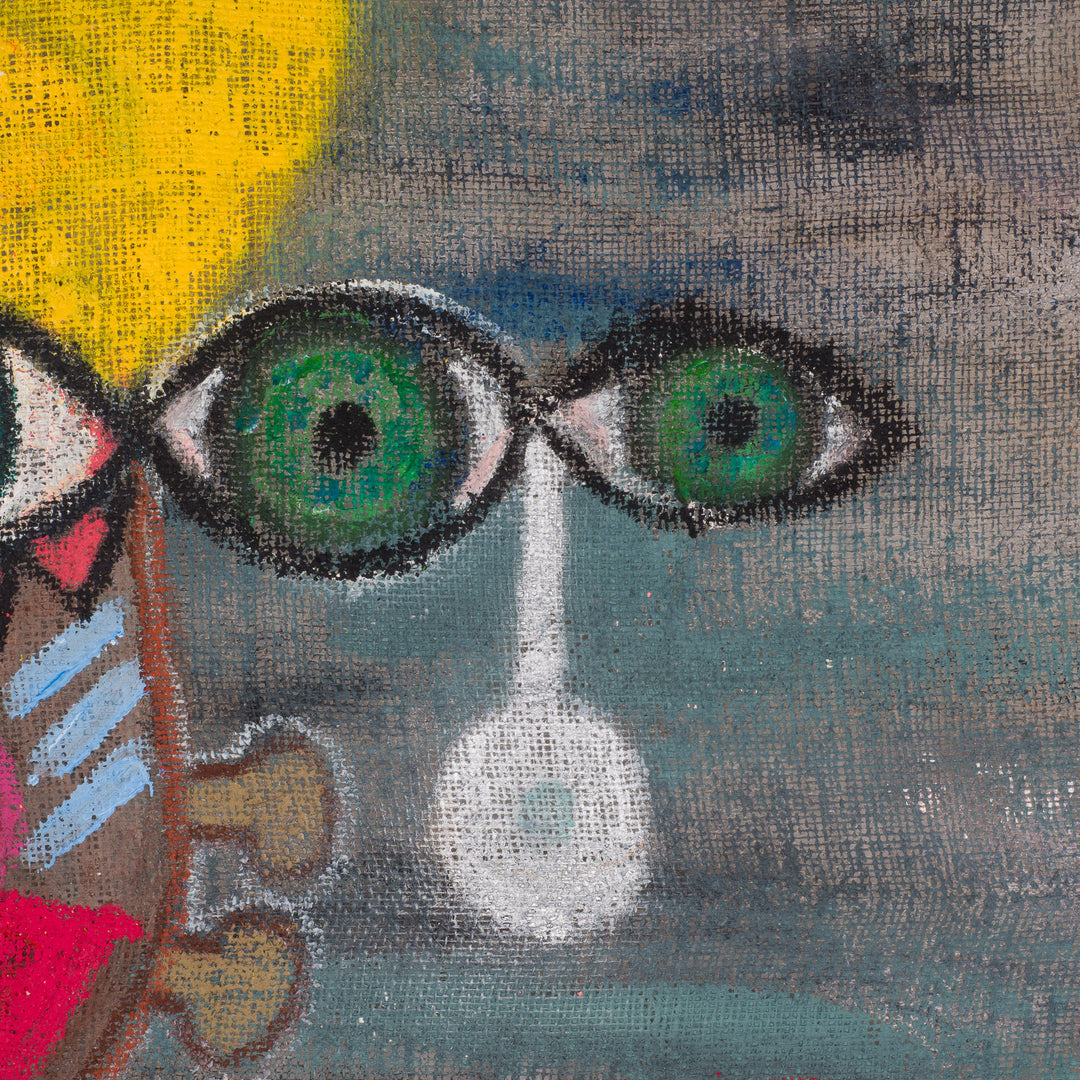 Schilderij van een iconisch figuur op jute – Heidi Schoefs – 117x110 cm