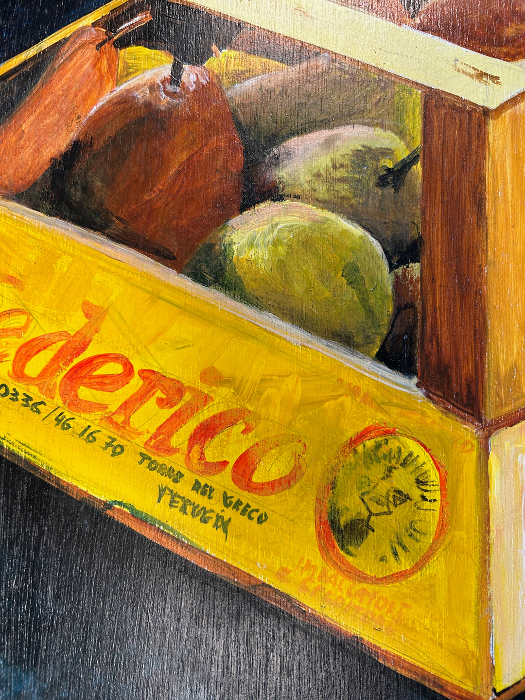 Kristien Berings – Stilleven met peren in kist – 1997 – 50 x 57 x 1 cm