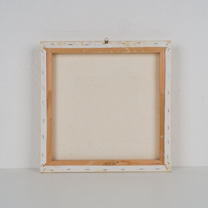 Schilderij in okergeel met 3D beeldje van zittende figuren – 40x40 cm