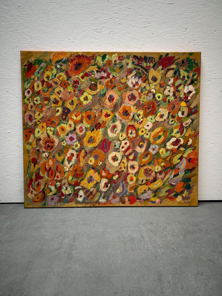 Expressief Bloemenveld in Olieverf – Gesigneerd – 80 x 70 x 1,5 cm