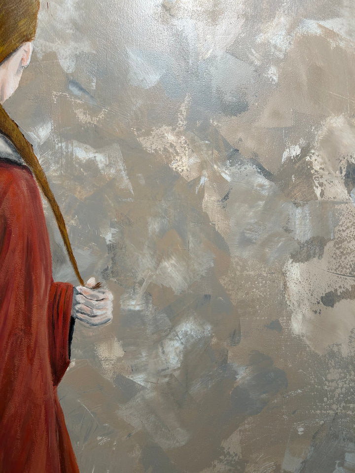 Schilderij Atelier S – 120 × 120 × 4 cm | Hedendaagse figuratieve kunst met abstracte achtergrond