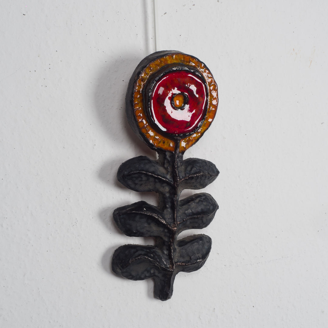Vintage keramieken bloem – rood en oranje, stijl Perignem