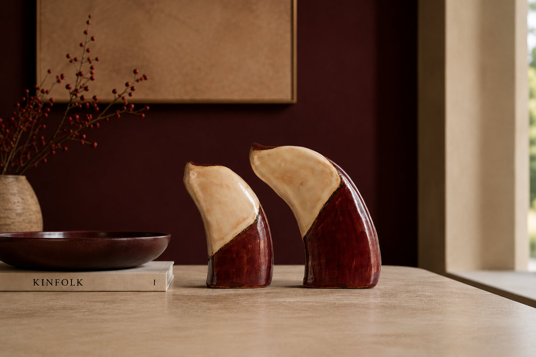 Set of 2 abstract geometric curved objects in ceramic