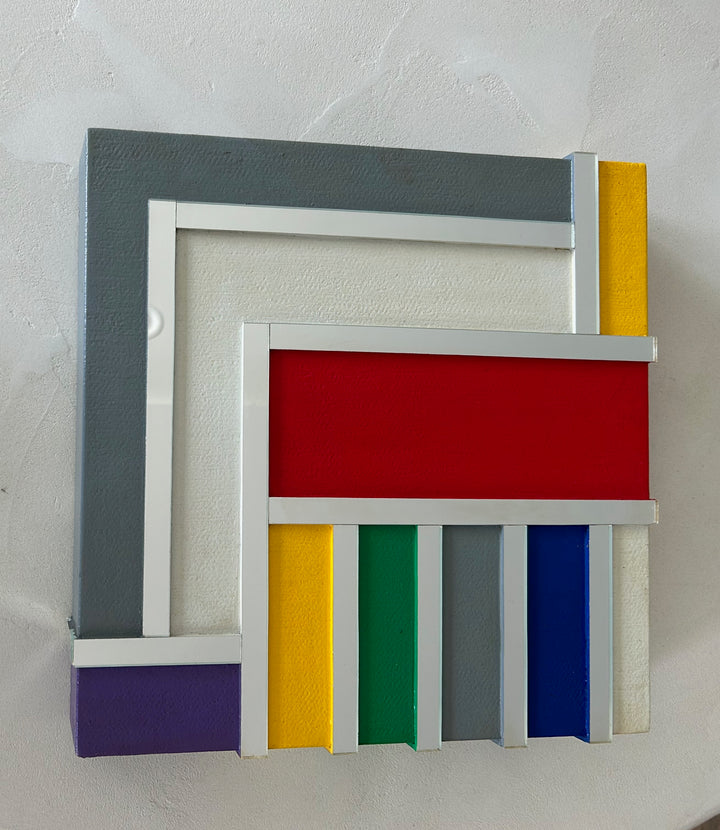 Geometrisch Ritme in Kleur – Vintage Houten Kunstwerk met Spiegelaccenten (36x36 cm)
