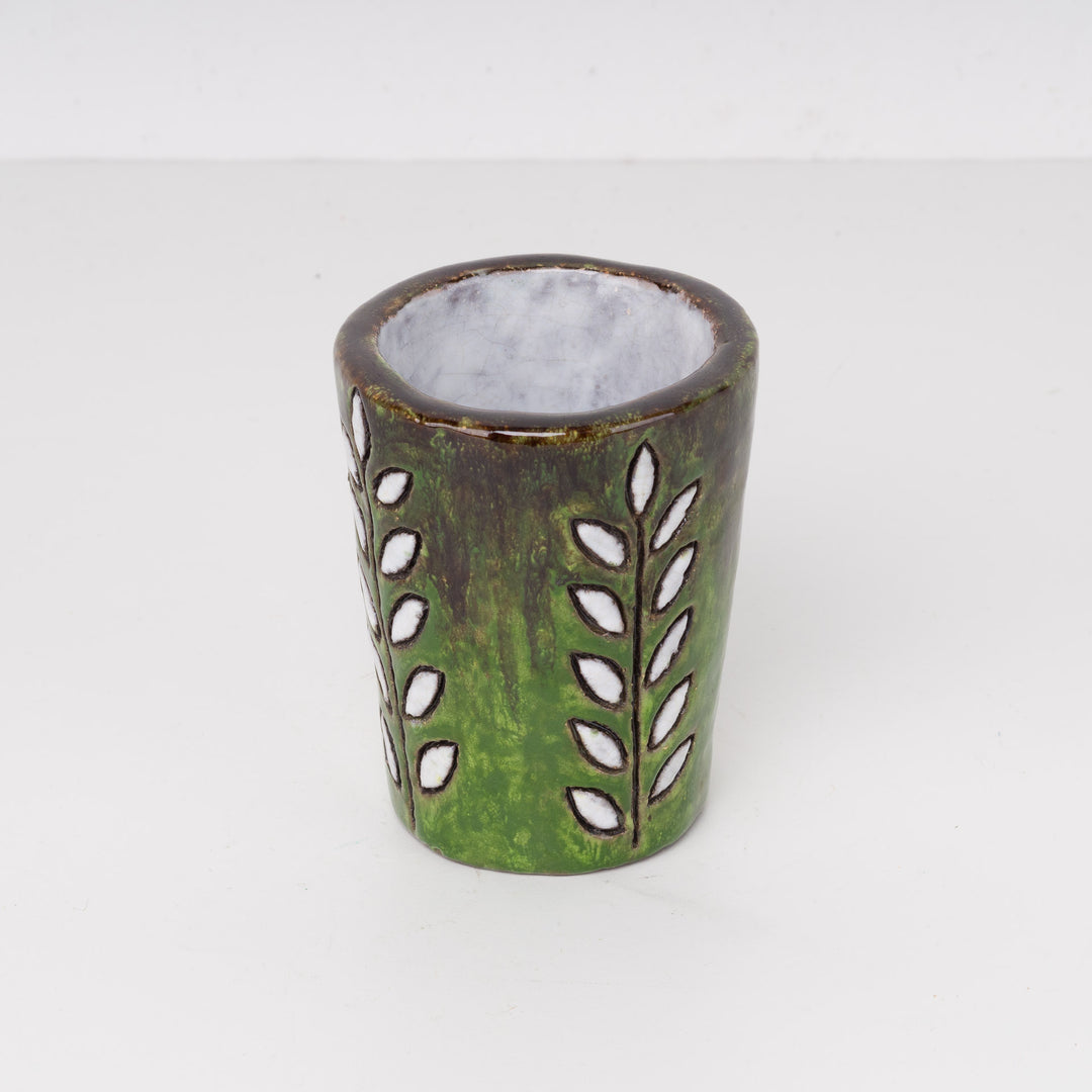 Green glazed ceramic cup - signed