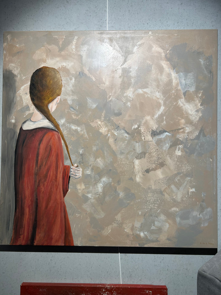 Schilderij Atelier S – 120 × 120 × 4 cm | Hedendaagse figuratieve kunst met abstracte achtergrond