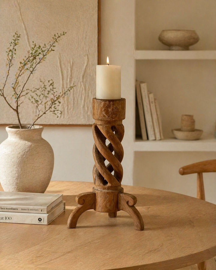 Gedraaide Tijd – Vintage Houten Kandelaar met Ziel