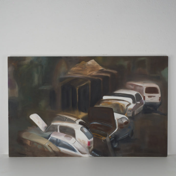 Contemporary elongated large painting of a junkyard by Hilde Deceuninck