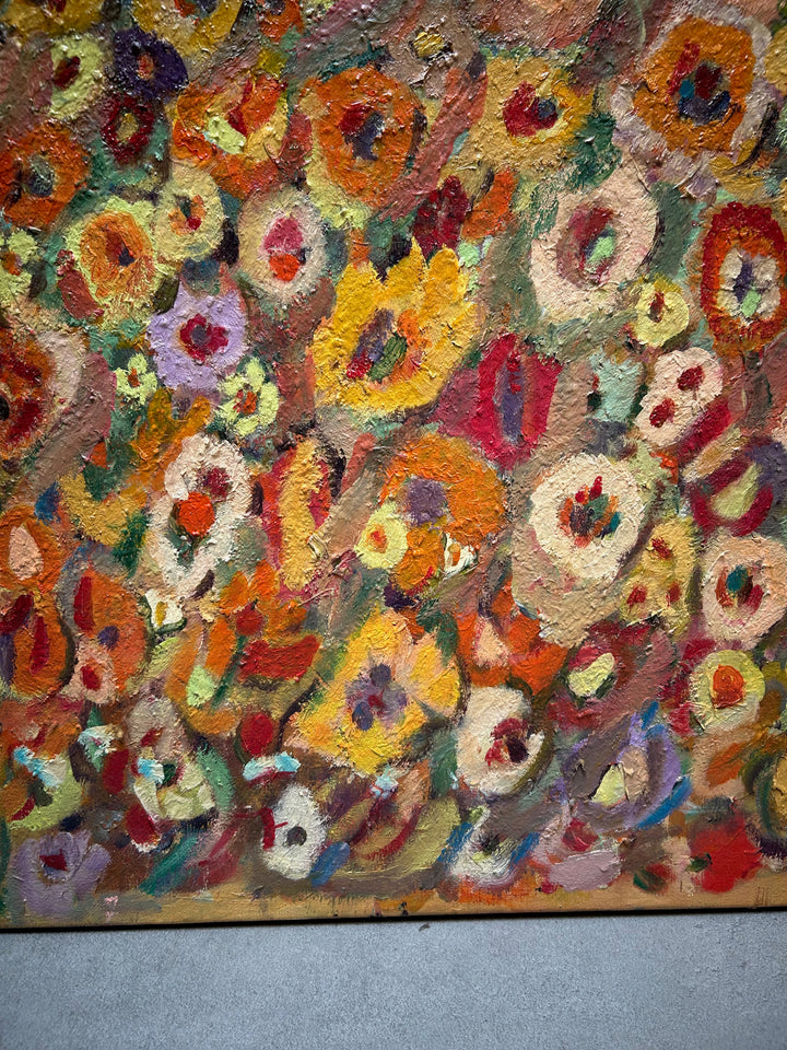 Expressief Bloemenveld in Olieverf – Gesigneerd – 80 x 70 x 1,5 cm