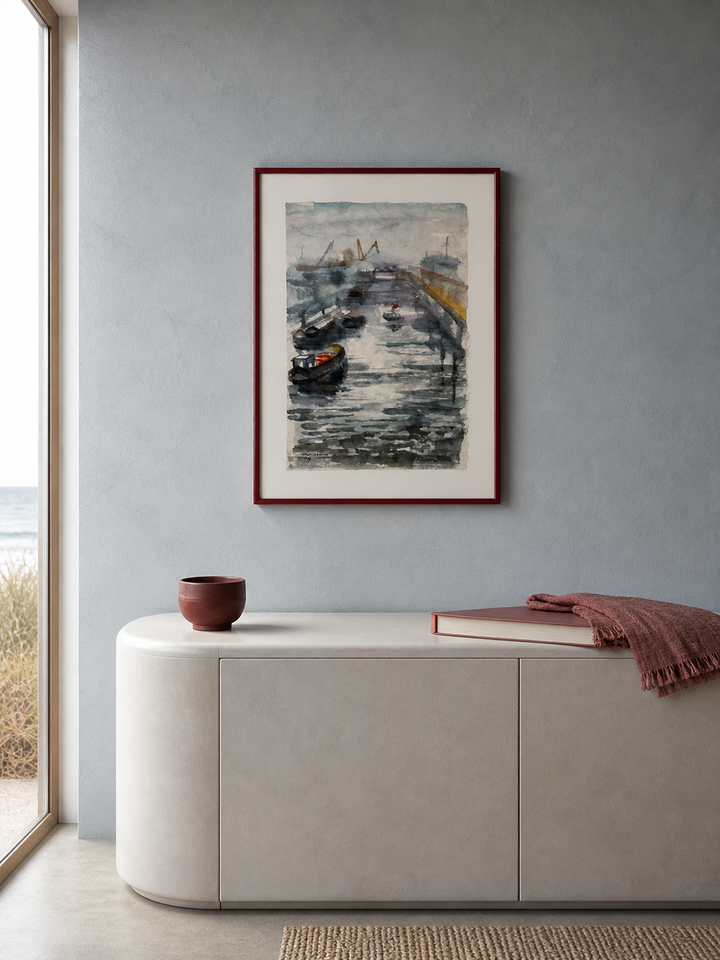 Watercolor painting of boats in a harbor by Mary Habsch
