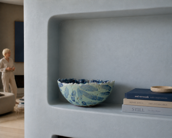 Handmade ceramic bowl by Karla Vanacker – unique art object in light green and deep blue – 24 cm