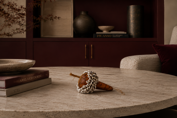 Authentic shell object on a gourd – Possibly a traditional rattle – 16.5 x 16.5 x 11.5 cm 