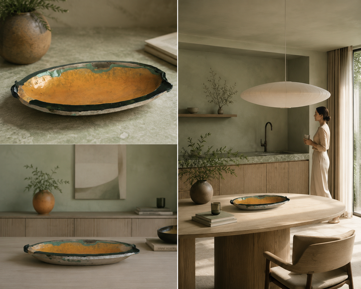 Flat ceramic bowl in ocher and green