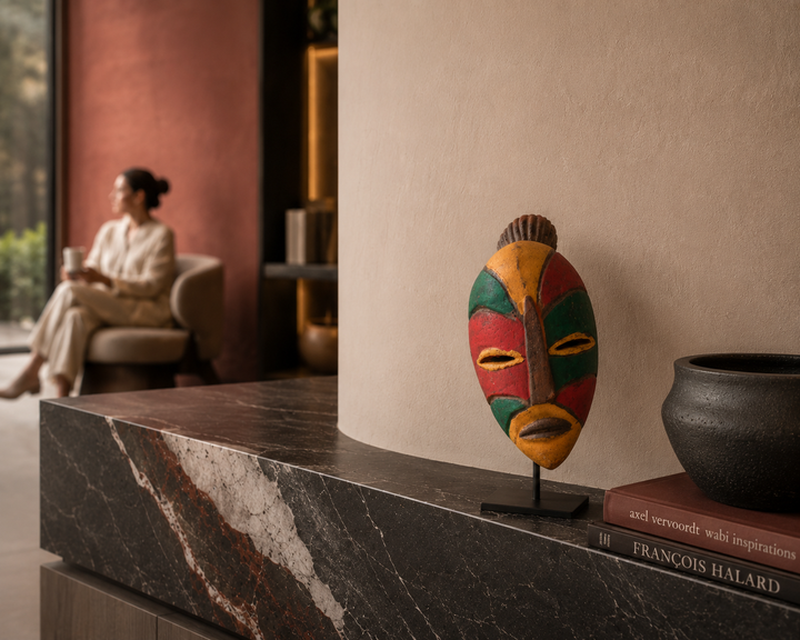 Small African decorative mask – green, red and yellow
