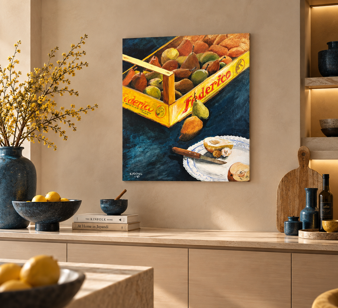 Kristien Berings – Stilleven met peren in kist – 1997 – 50 x 57 x 1 cm