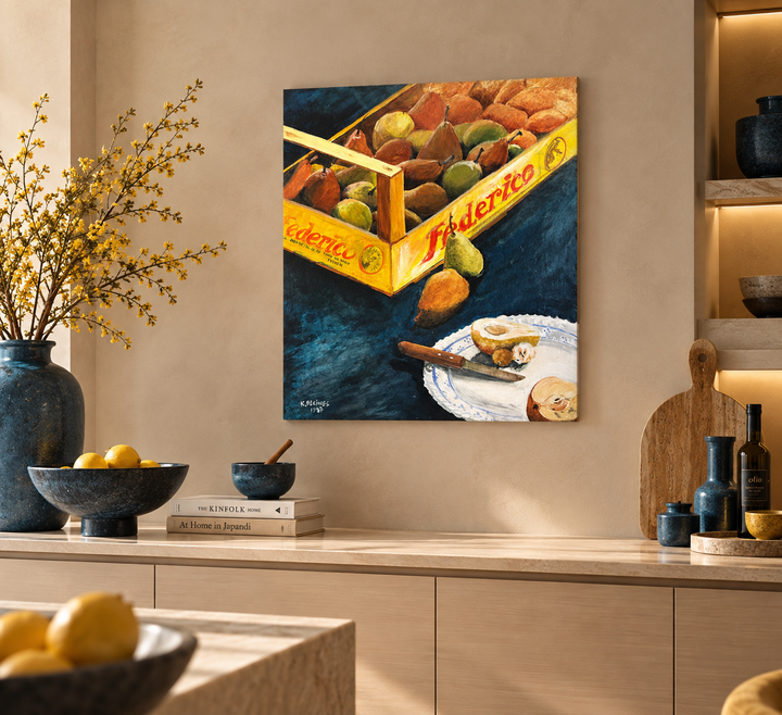 Kristien Berings – Stilleven met peren in kist – 1997 – 50 x 57 x 1 cm