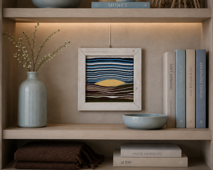 Uniek geweven kunstwerk – Ondergaande zon / 40,5 x 35cm
