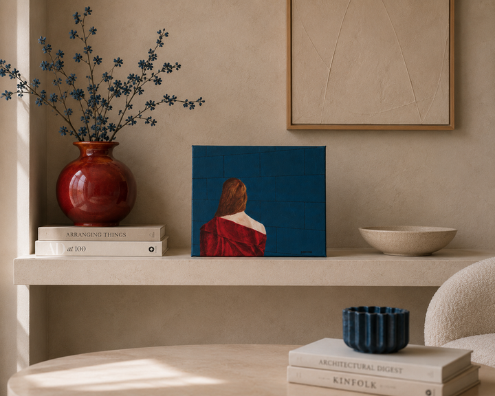Klein schilderij van een jonge vrouw – Domino / 30x24 cm