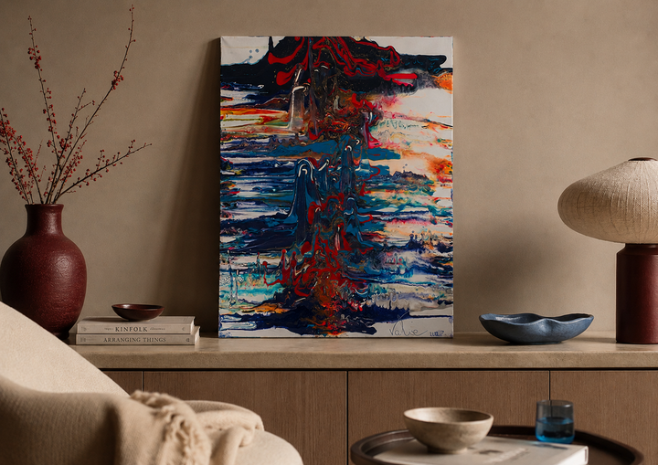 Hedendaags kleurrijk schilderij in blauw, oranje en roze uit 2022 / 70 x 49,5 x 1,5 cm