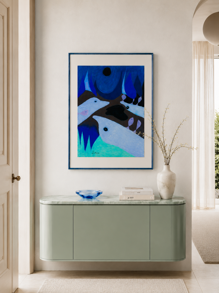 Pastel van blauwe zoogdieren door Francis Gerin / 81 x 61 x 2 cm