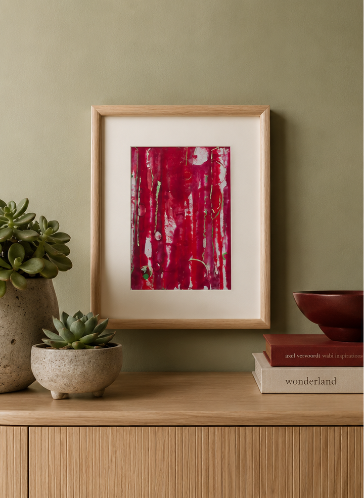 Hedendaags rood gelaagd schilderij op Mica – Hilde Deceuninck - 42,5x33,5cm