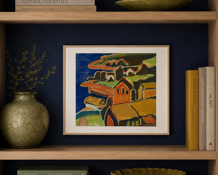 Schilderij “Huizen aan Zee – Kobaltblauw Landschap” door S. Matthijs /  51,5 x 41,5 cm