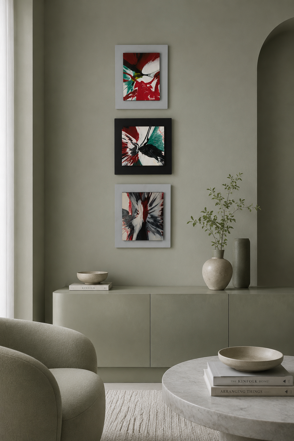 Een set van 3 abstracte vintage schilderijen op hout / 40x38x3cm