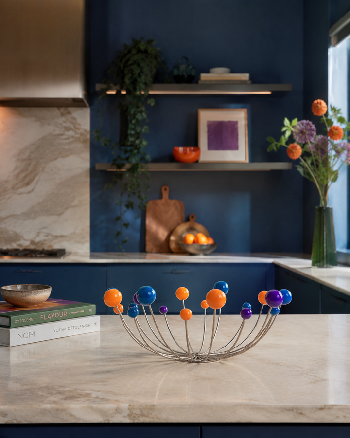 Vintage fruitmand in draadstaal met kleurrijke bollen – mid-century design – 36,5 x 36,5 x 15 cm