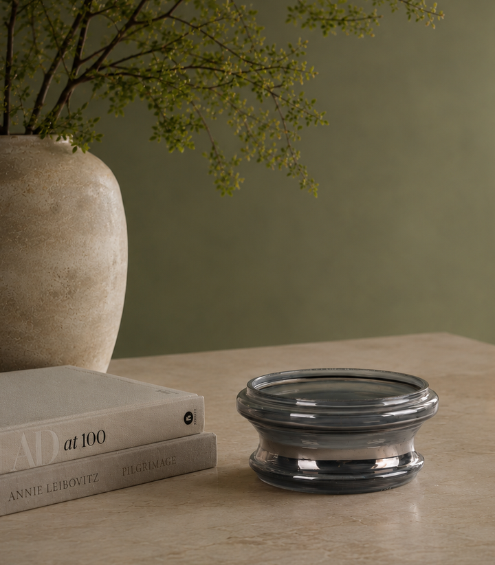 Round gray bowl in mirrored glass – 23x23x10.5 cm