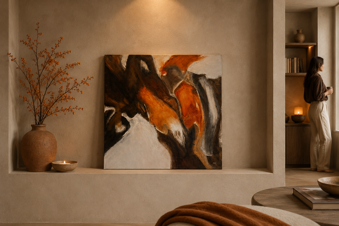 Abstract Schilderij  – Warmte, Beweging en Verstilling in Aardetinten / 60 x 60 x 2 cm