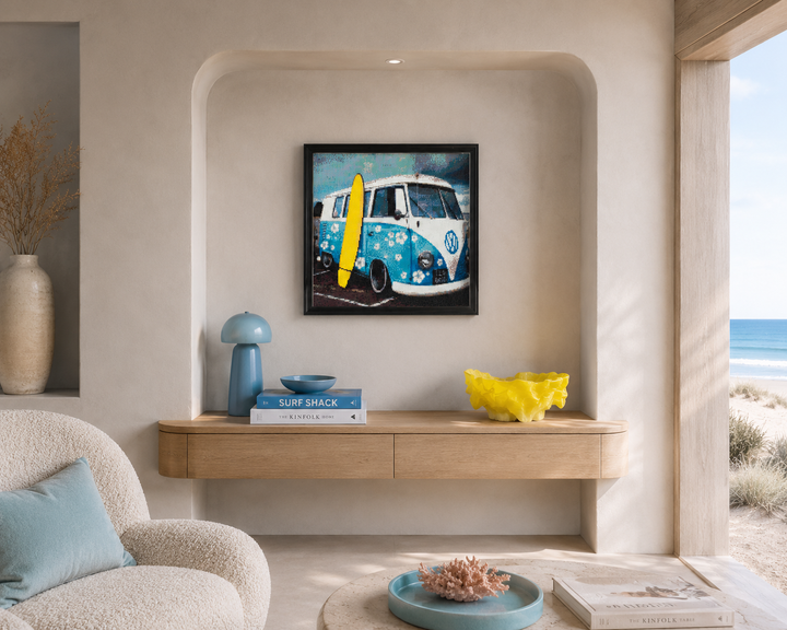 Unique painting in iron-on beads – Volkswagen T1 bus in blue and yellow