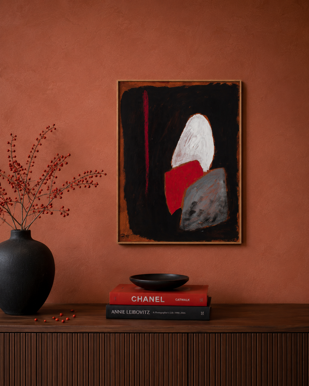 Modern schilderij Christine Springuel in rood, zwart, wit en grijs / 74 x 56 x 2 cm