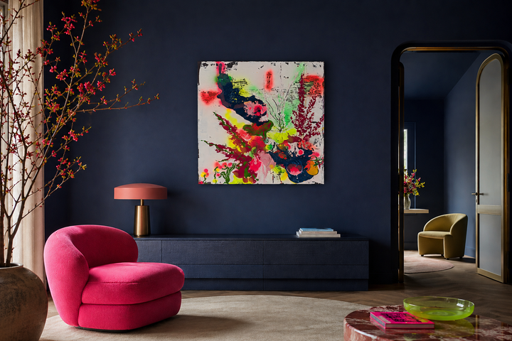 Contemporary painting abstract representation of the underwater world in fluorescent by Hilde Deceuninck.