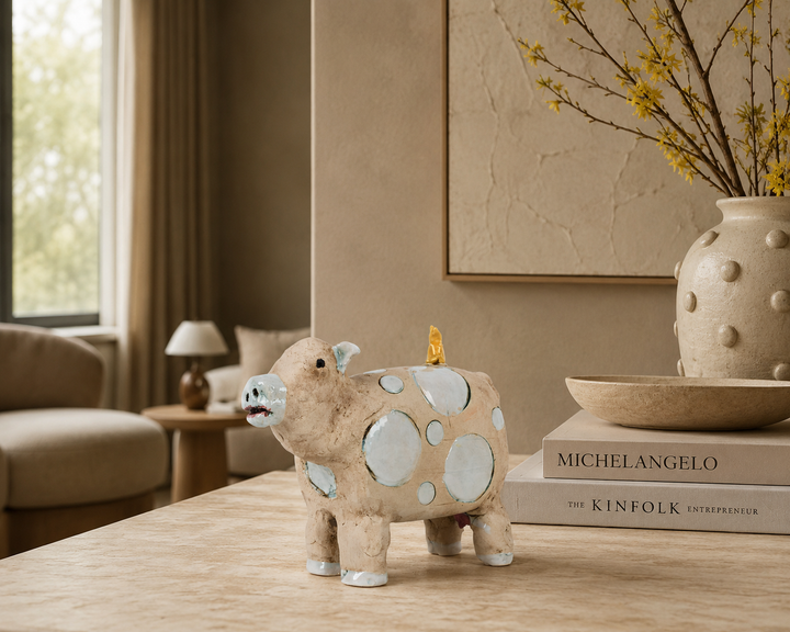 Handmade playful ceramic figurine – Cow with yellow bird