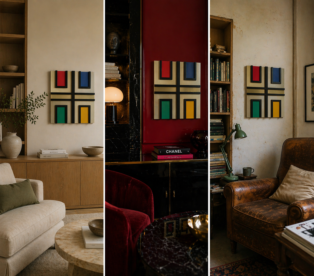 Kleur & Ritme – Vintage Geometrisch Wandobject in Hout