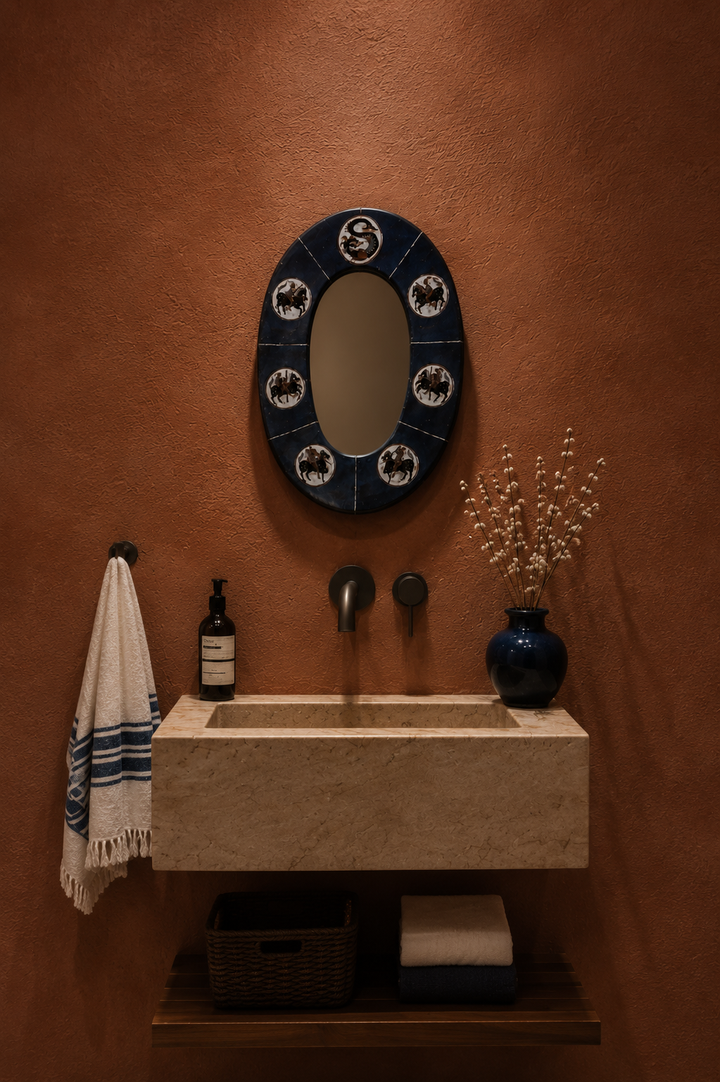 Blue ceramic mirror with medallions.