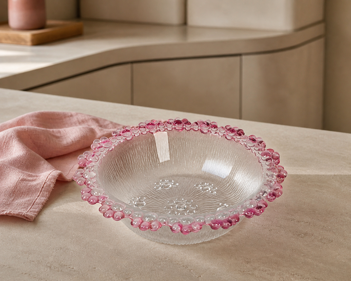 Italla vintage bowl of white matt glass with pink accents – Large size (25x25x6.5 cm)