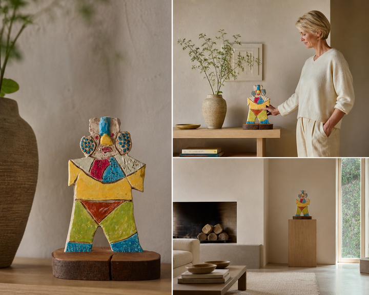 Hartwerk – Kleurrijk keramisch beeld op houten sokkel  17x13x40cm
