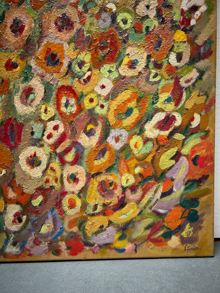 Expressief Bloemenveld in Olieverf – Gesigneerd – 80 x 70 x 1,5 cm