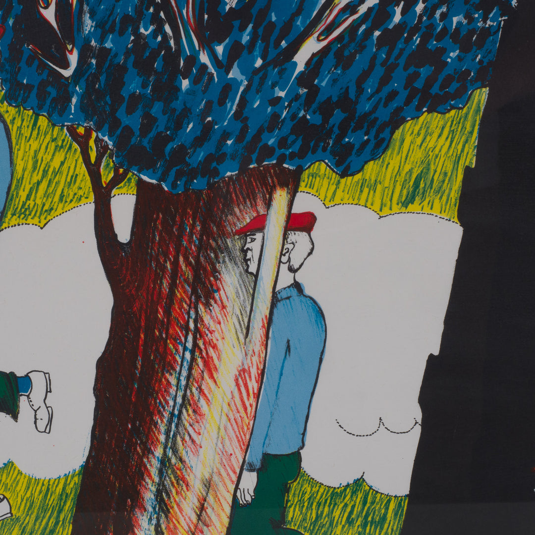 Colorful lithograph with figures behind trees by Hannes Postma – "Code 3x2"